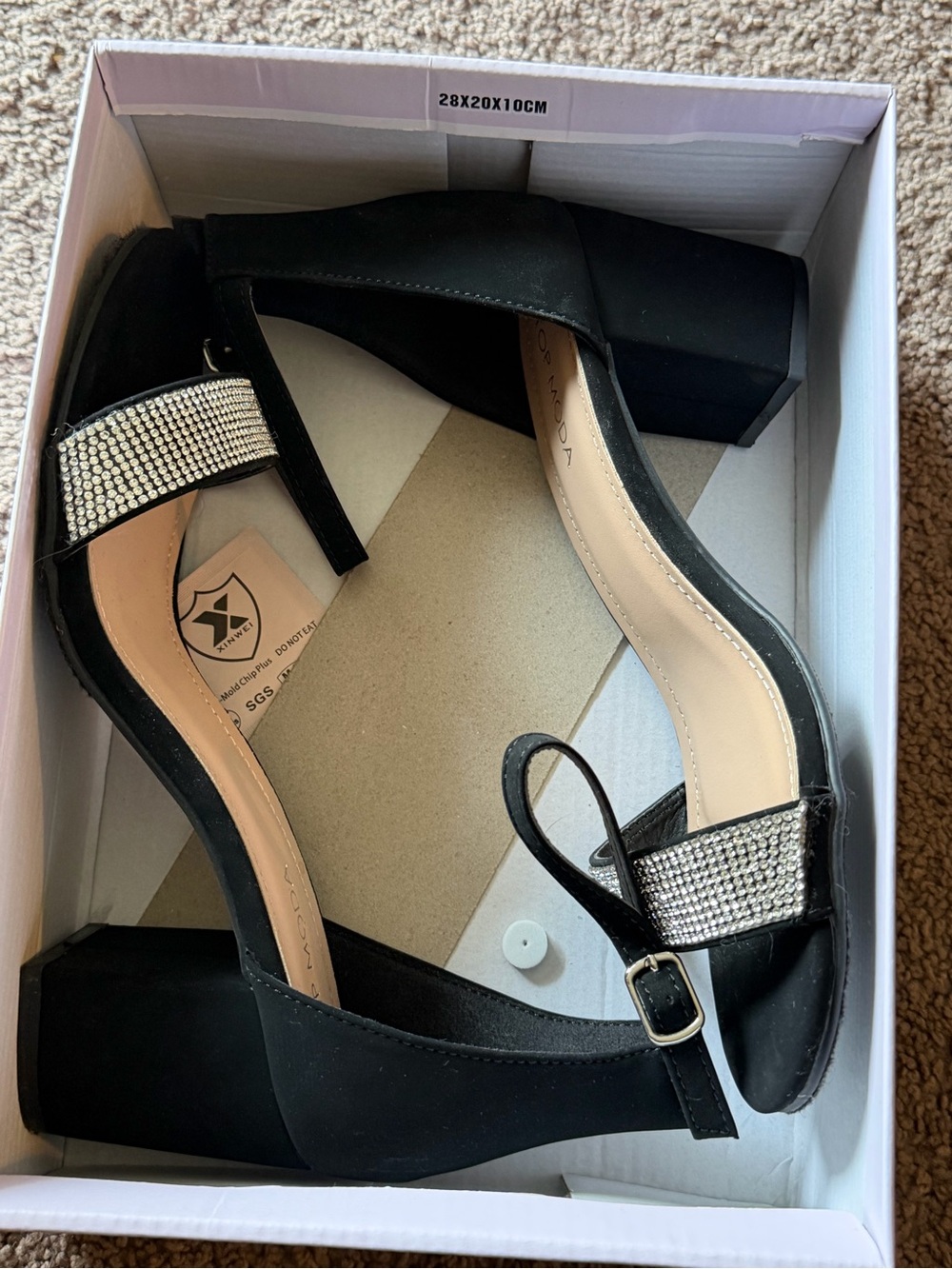 Black Rhinestone Block Heel Sandals - Women